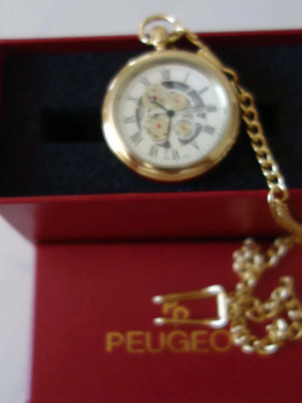 Peugeot Men 14K Gold Plated Deco Skeleton Dial Vintage Pocket Watch with Clip-ON